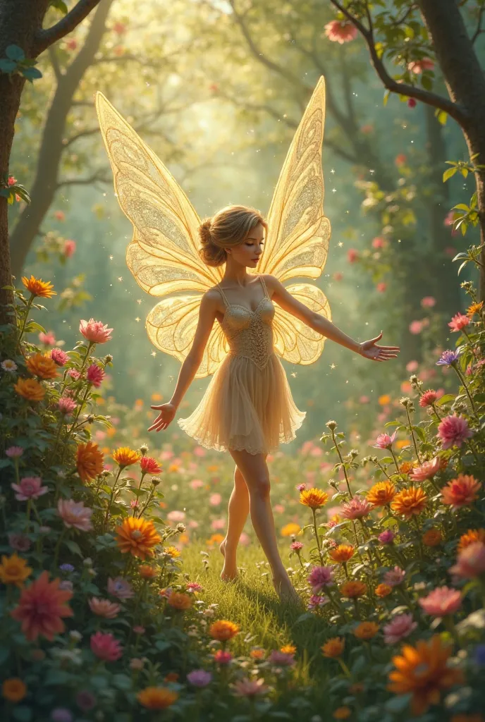 A very tender fairy behind an enchanted forest full of light and beautiful flowers, its wings are golden and emit a beautiful glow.
