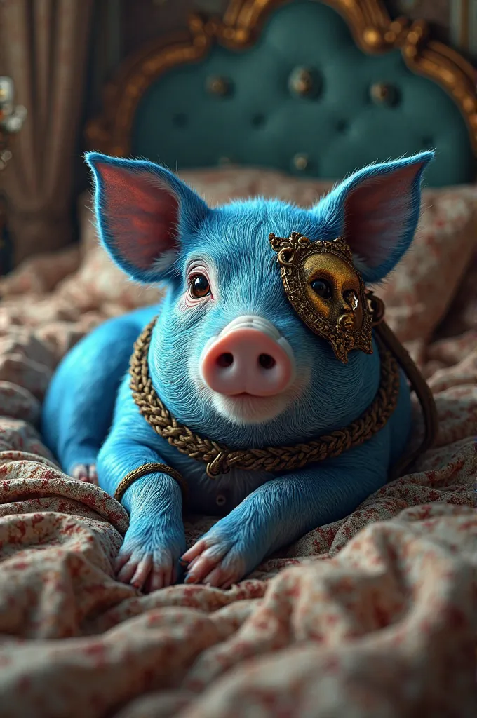 Blue pig in bed. photorealistic.  big blue eyes . venetian mask. tied up.