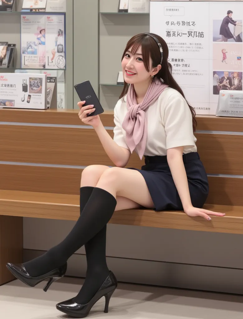 (  photorealism :1.2)、     full body image 、 汚れた   socksを手でつまんでいる、odor、beautiful日本人モデル、39; thick legs、 woman 、39;   SoftBank mobile phone company that reaches below the knee、mini tight skirt uniform   、  white blouse 、light pink short scarf、 black high hee...