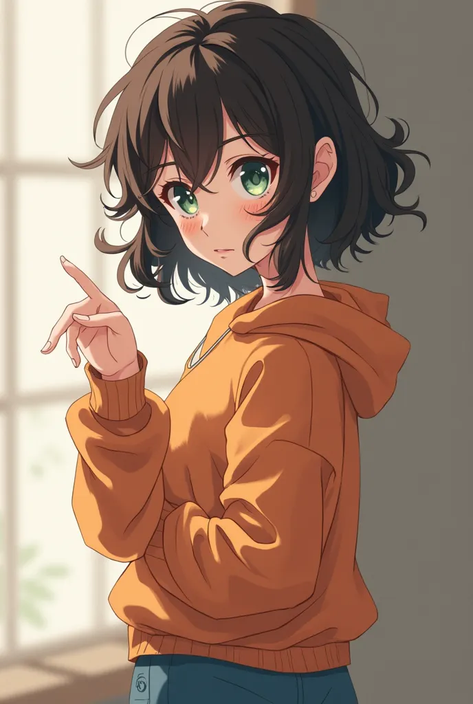 A beautiful anime girl caught looking at her hand, with dark brown wavy hair with green and blue eyes, wearing an orange sweatshirt and blue pants and short hair,