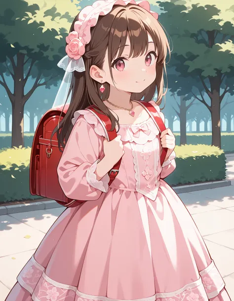 Masterpiece, hd, best quality, solo, there is a girl standing in a dress, wearing pink floral dress, victorian dress, luxury dress, beautiful pink , brown hair, wearing a pink dress, dressed in a pink dress, small girl, Traditional Attire, bowtie, necklace...