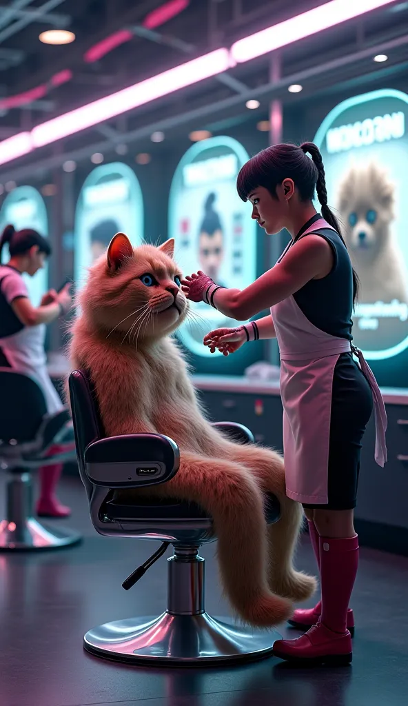 "A humanoid cat with long flowing hair and a thick mustache sits in a futuristic salon chair, getting a haircut from another humanoid cat stylist. The stylist wears a professional apron and holds high-tech scissors, carefully trimming the cat's hair. Other...