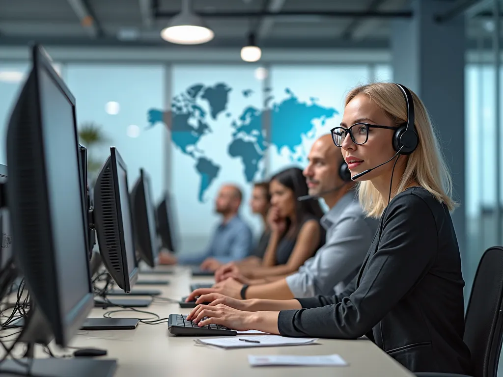 Make a real image of a call center team working in an office with graphics on the walls. Featured is a blonde woman, executive, with shoulder-length hair and glasses, Without handset, At a meeting with a bald man, , short stature, gordo, without a beard, I...