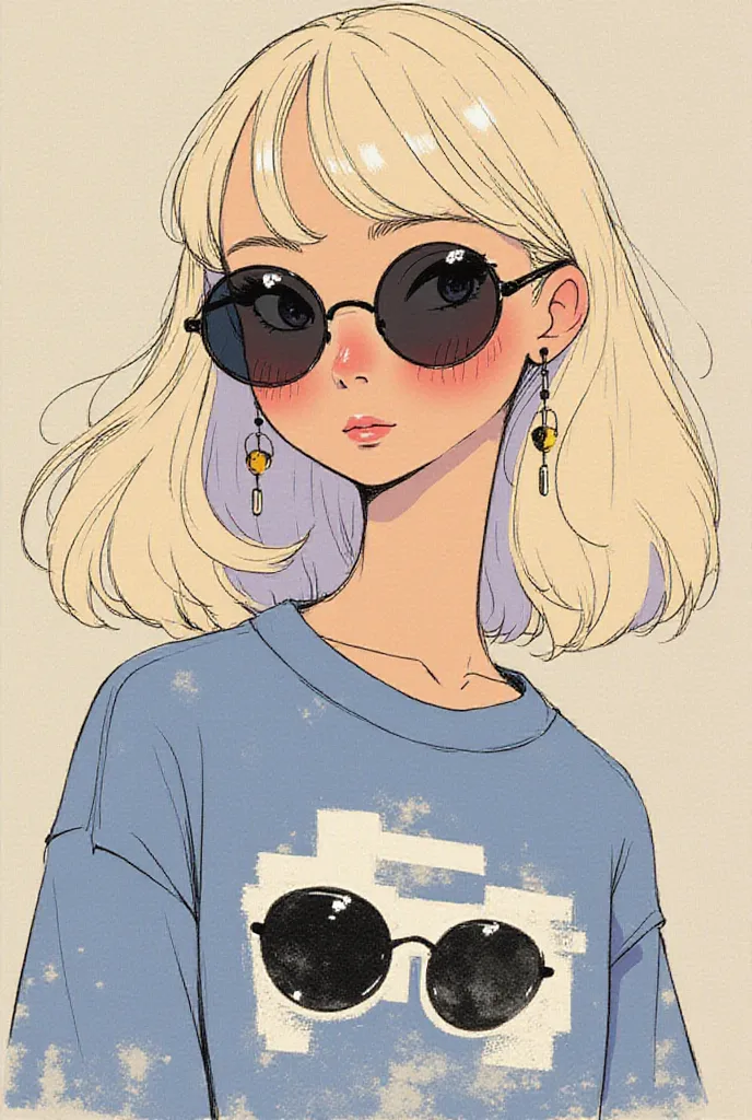 An artistic sketch of a modern sunglasses,  sweatshirt with graphic design, beautiful woman, medium culry blond hair, big earings, accessories. The portrait features a mix of minimalistic linework and painterly strokes in soft, muted tones, graphic element...