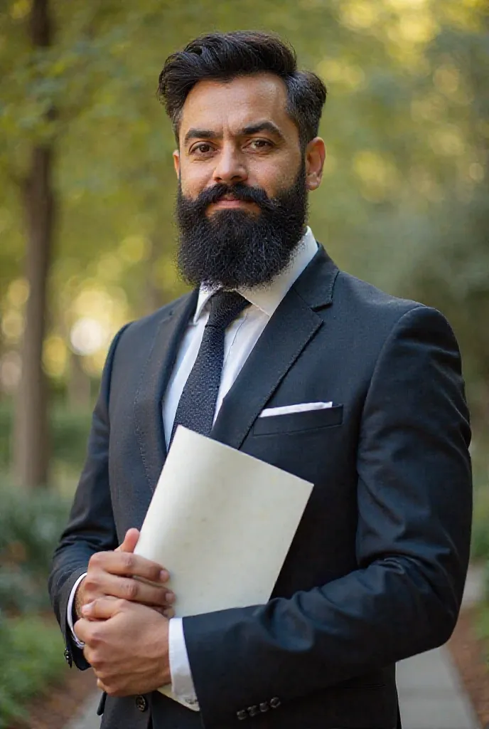 Front: A lawyer with a midlle lobg black beard standing in a beautiful background, holding a graduation latter in his hand. He is looking straight ahead with a confident expression.
