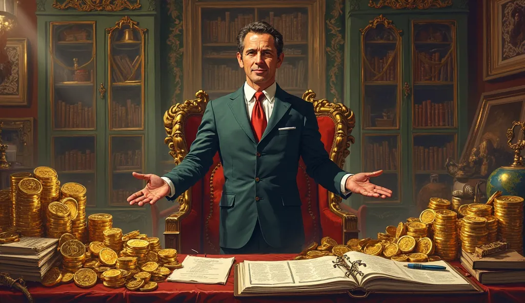 "A classical illustration of a powerful, confident O-type individual in a lavish office surrounded by symbols of wealth—gold coins, ornate furnishings, and financial documents. The individual stands tall, exuding leadership and ambition. The room should ha...