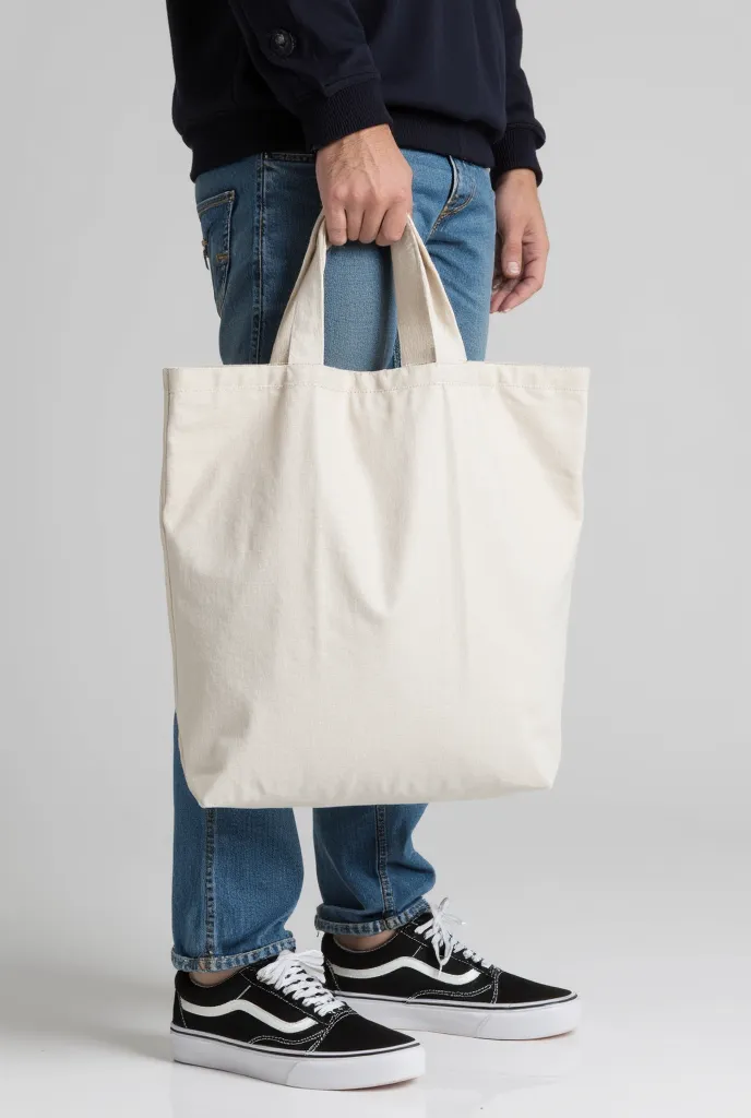 Close-up young man wearing jeans and (((Vans® sneaker))), holding a plain white bag, holding a raw cloth bag, shutterstock, holding a cloth bag, square bag, sustainable materials, fluid bag, carrying an eco bag