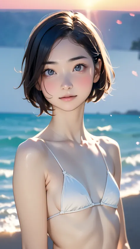 one girl, (18years old:1.4),(Very Young Face:1.8), (japan Person famous idol), face, cute face, ash gray hair:1.5, bob hair, short hair, camera's line of sight, small breasts, An ennui look, (Extremely small white micro bikini style:1.4) , particles of lig...