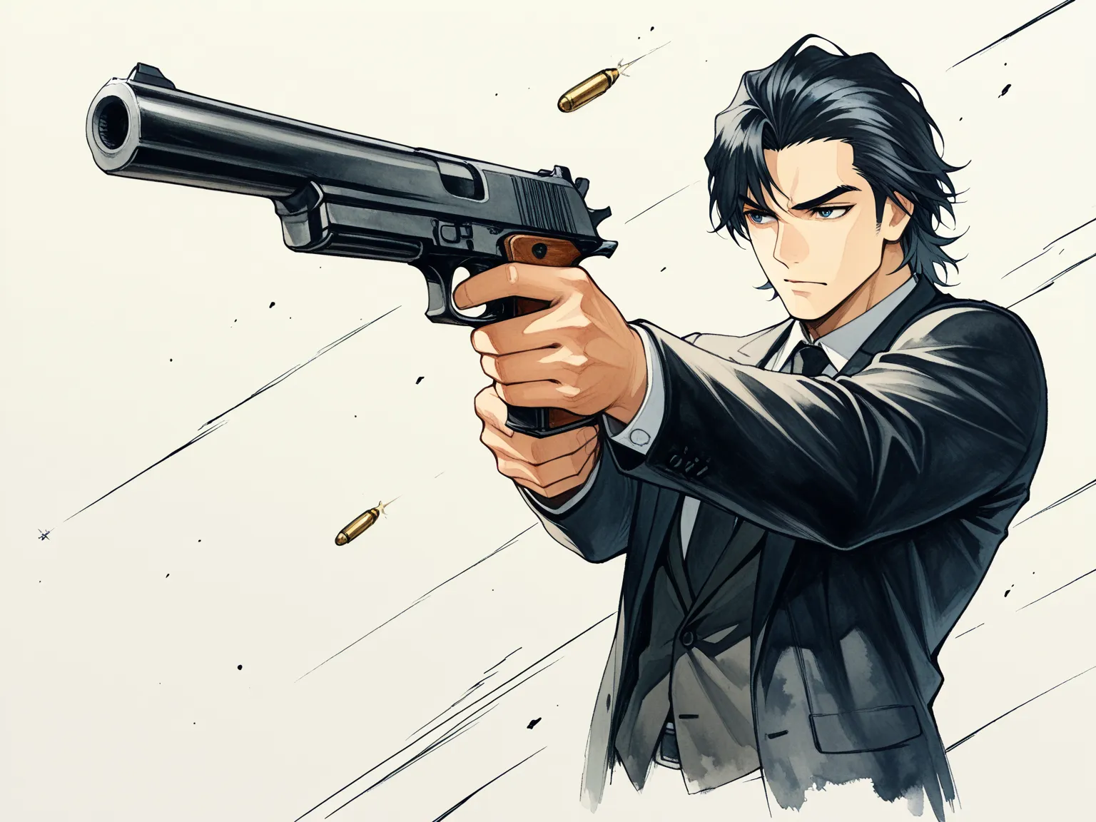 saeba ryo,1boy ,weapon,alone,male focus,gun,traditional media,formal,suit,firing,necktie,handgun,marker (medium),black hair,holding gun,red rose,score_9,score_8_up ,(Bullet Time Dodge),(ルパン3世:1.5),カウンターで狙い撃つ,age up