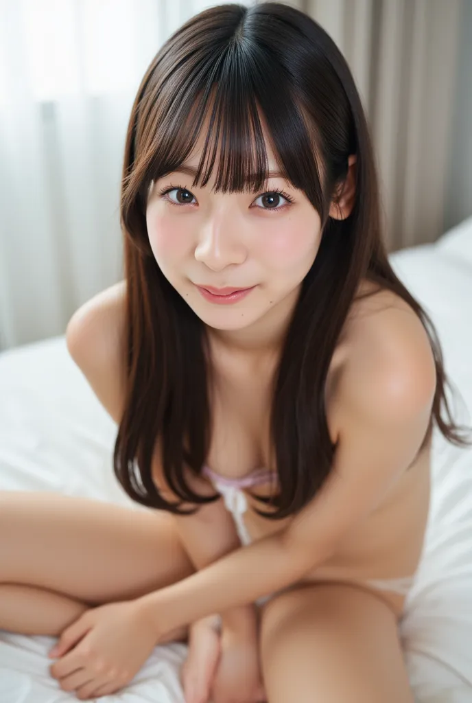 Photorealistic, 8K, soft diffused lighting, a young girl, long dark-brown hair styled in soft flowing waves, bare body, small breasts, bare chest, light makeup, soft airy bangs frame her face, slightly parted in the middle, revealing her forehead. Her wide...