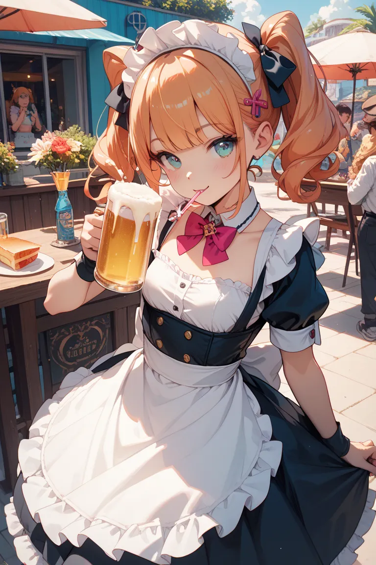 Maid clothes, girl with small breasts, small breasts drinking party, toast pose, cosplay, drinking beer