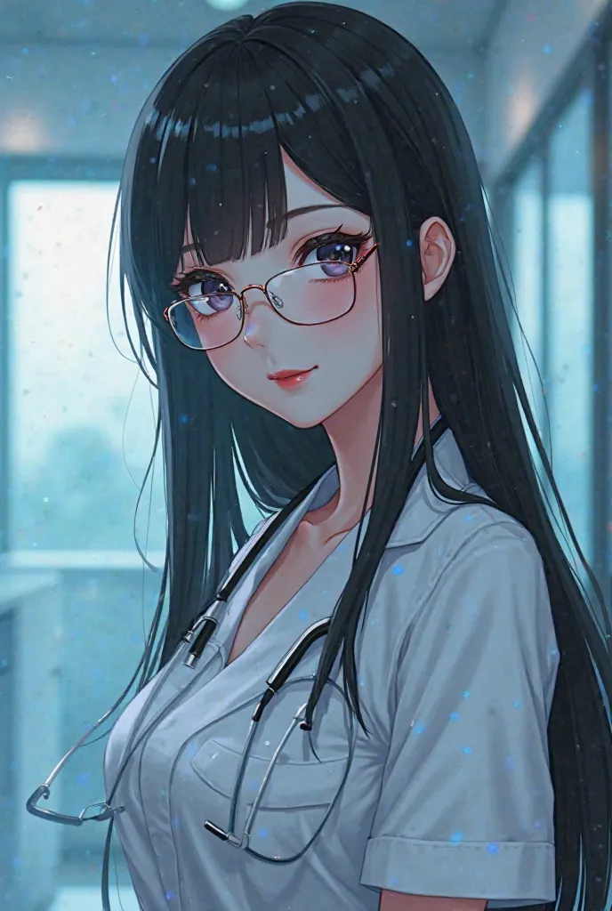 "high-resolution style anime (highly detailed anime-style) of a 29-year-old girl in a super nurse costume. Sexy, she has a slender tall figure, smooth white skin, long straight black hair, shimmering shadows, sharp eyes reflecting confidence but concealed ...