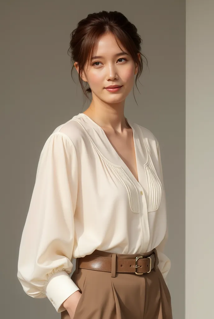 1 woman,Wearing a simple but high-class beige knit suit with a soft V-neck mid-length cardigan on top, she paired it with a slim knit half-skirt in the same color, which fell just below the knee. This kind of suit shows off her elegance and maturity, but a...