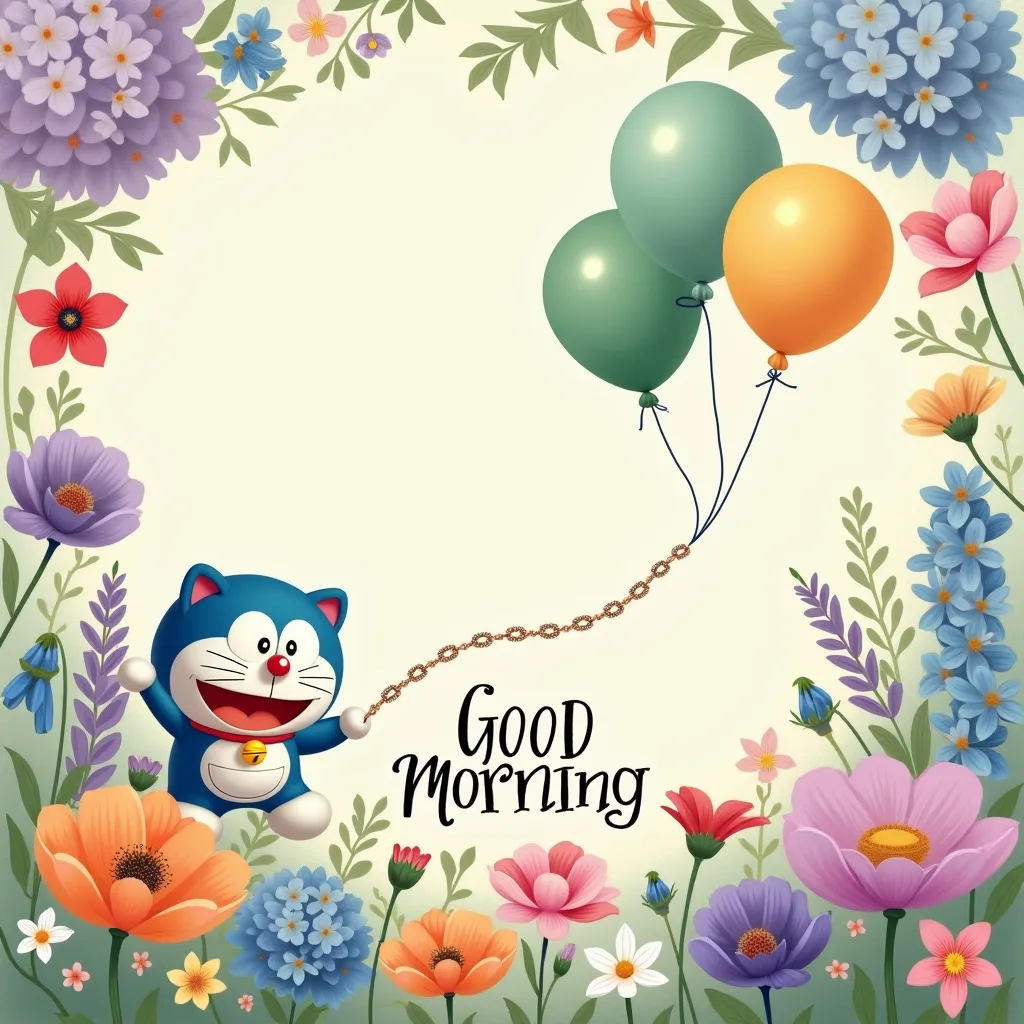 Morning blessing, full of lilac peony poppy hydrangea snowdrop bluebell magnolia pansy flowers around, few ballons inside a flying balloons in green, sparkling cystal chain hanging, mini doraemon holding ballons, “GOOD MORNING” word in black with gold outl...