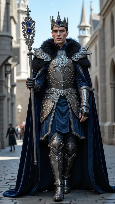 Cillian Murphy reimagined as a Medieval King walking and holding a silver scepter､dramatic atmosphere, 1 male､ 

Short, slicked-back dark brown hair, piercing ice-blue eyes. A tall, intricate silver crown adorned with sapphires and black diamonds rests upo...