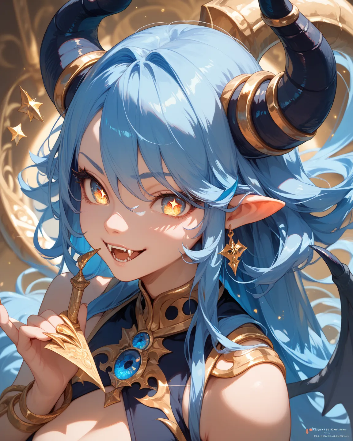   Right eye is blue, The left eye is golden,Tail,Sharp Fangs,  Gold,  kind,cute,Kind eyes,horn, long hair, Blue Hair/light blue hair tied at the top, devil