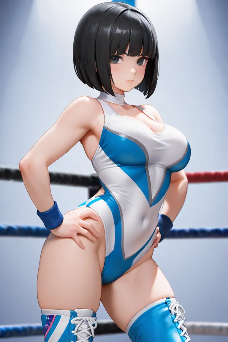 black hair bob cut　A cup　Professional wrestling　No opponents　 slim　fighting pose