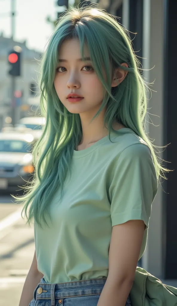 jisoo,  soft green shag ponytail hairstyle, wears a classic soft green t-shirt bigsized, paired with comfortable jeans or a skirt, mid-ranged, on street, detailed portrait, photorealistic, professional photography, studio lighting, sharp focus, physically-...