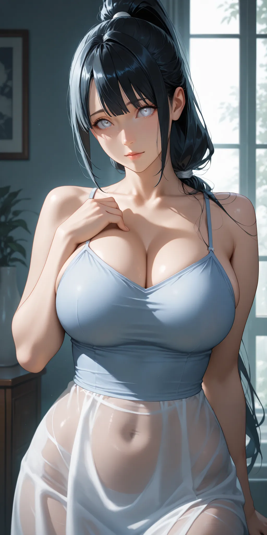 Masterpiece, newest, high contrast, high quality, ultra HD,very aesthetic, vibrant, mature female, hinata hyuga, high ponytail long hair, black hair color, white eye color, camisole, perfect breast, upper body, ultra detailed, highres, best quality, home, ...