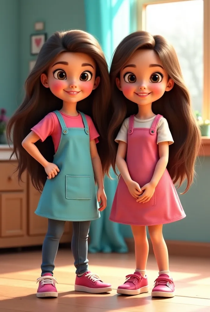 Two girls in Disney Pixar animation style , BOTH WITH LONG HAIR , chubby girls. One of them has whiter skin, Cabello Rubio is a preschool teacher and her apron is striking she hallucinated a sky blue crayola, The other one has fair skin, her hair reaches h...