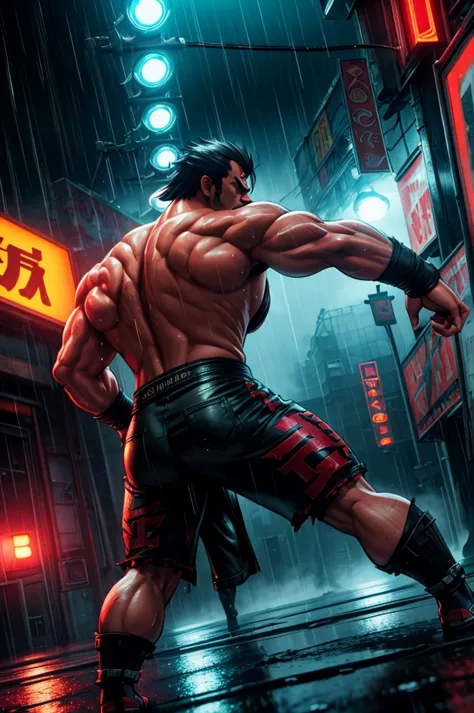 tekken streetfighter, 8k, detailed, highly realistic, photorealistic, cinematic lighting, volumetric fog, dark moody atmosphere, gritty urban environment, neon signs, rain effects, puddles, steam, dynamic fight poses, intense facial expressions, muscular b...