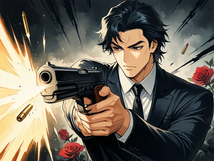 saeba ryo,1boy ,weapon,alone,male focus,gun,traditional media,formal,suit,firing,necktie,handgun,marker (medium),black hair,holding gun,red rose,score_9,score_8_up ,(Bullet Time Dodge),(ルパン3世:1.5),カウンターで狙い撃つ,age up