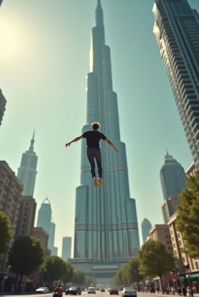 Make a video of how twenty4tim falls from Burj Kalifa and lands at the feet of an eyewitness