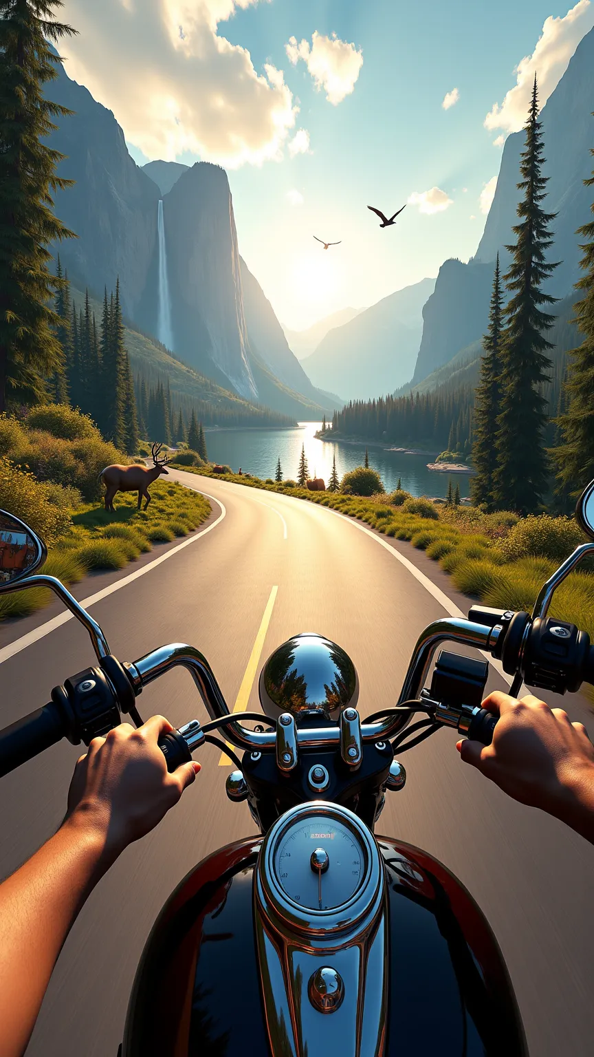 Create an extremely realistic image in the POV style (first person falls), as if I were riding a Harley Davidson-style motorcycle, with my hands firmly on the handlebars, the visible chrome tank and speedometer reflecting the golden light of the sun. The i...