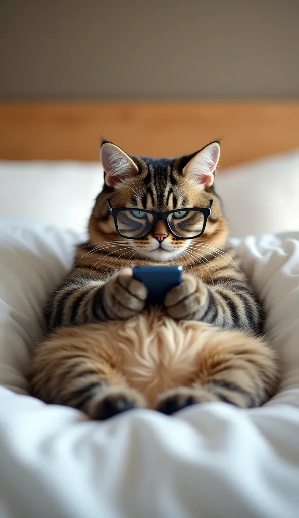 a cat is phone calling with smart phone on the hotel bed while sleeping. A cat has big tummy and wearing glass