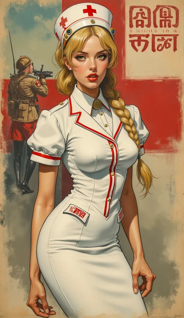 Detailed proportions and textures and multi-color with airbrushed brush strokes that presents a semi-realistic illustration in ChineseA beautiful and delicate young woman wearing a steampunk and epic fantasy style nurse uniform where white and red tones pr...