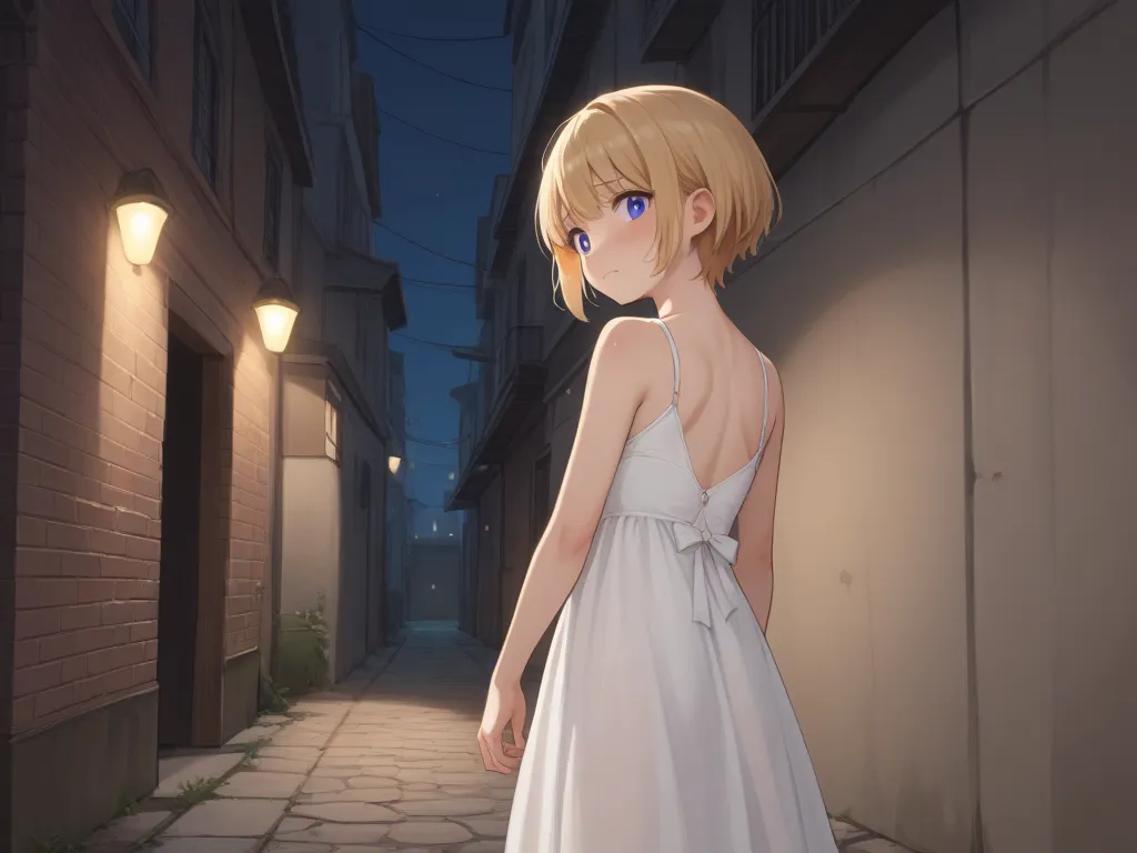 [loli], one girl:1.0 , (blond hair:1.5), short hair:1.2 , (anime:1.4) , furrowed brow, (petite:1.4),embarrassed:1.2,
straight hair, 

(white babydoll), (simple babydoll),  girl is perplexed, the girl is facing forward, (Back Alley), night