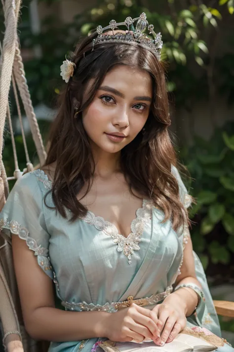 Full closeup, woman 22 years old, sitting under castle swing with crafted four pillars surrounded flowers garden, reading book, silver tiara crown with a single peacock feather in front crown, wearing a bright pink and levender silk floral embroidery sari,...