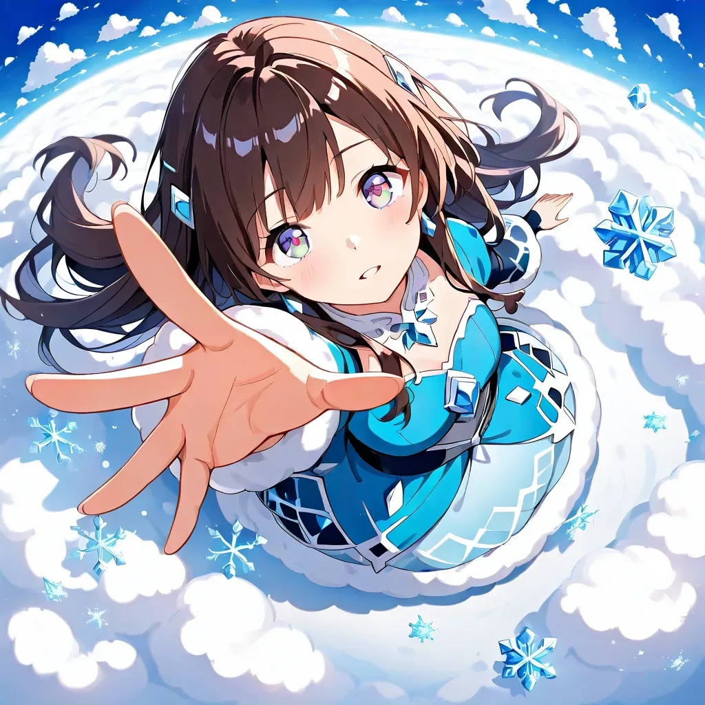 top view:1.37.(1 Princess Aisha- color eyes-long hair, Dress，Alone).(outstretched arm,outstretched hand,reaching,reaching out).sky beneath feet,Blue sky and white clouds, fluffy clouds，snowflake❄，Extreme cold ，Blue crystal.fisheye perspective,top view，snow...