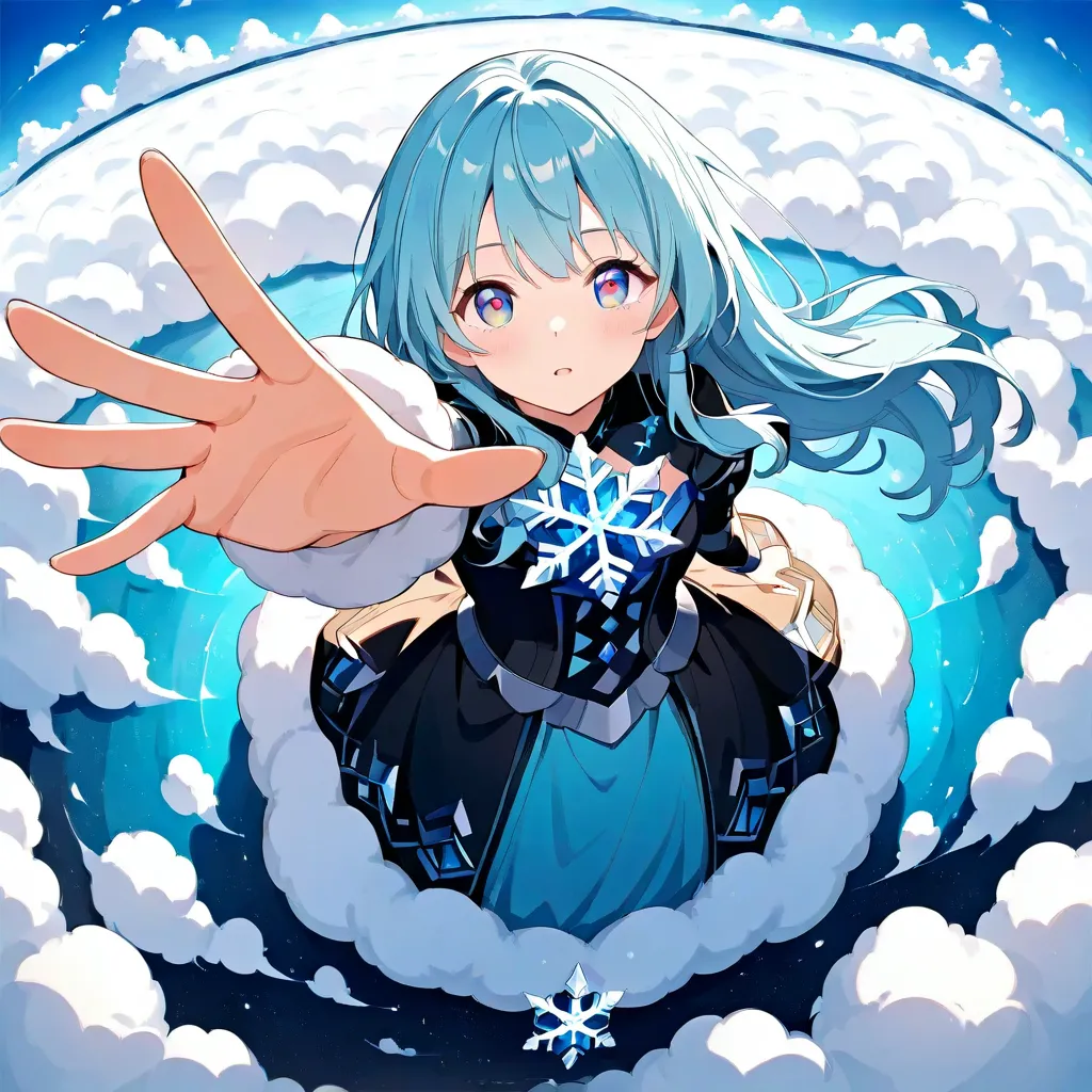 top view:1.37.(1 Princess Aisha- color eyes-long hair, Dress，Alone).(outstretched arm,outstretched hand,reaching,reaching out).sky beneath feet,Blue sky and white clouds, fluffy clouds，snowflake❄，Extreme cold ，Blue crystal.fisheye perspective,top view，snow...