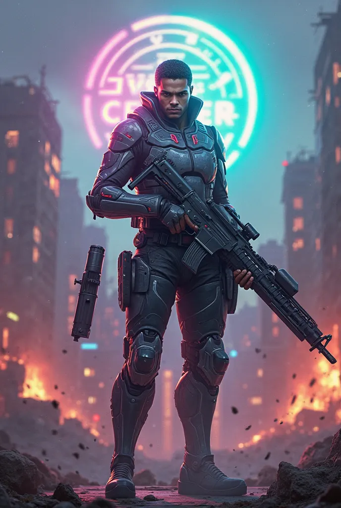 Create a futuristic character from the Free Fire game on a war background, holding weapons, with the text 'game center moon ' in neon style