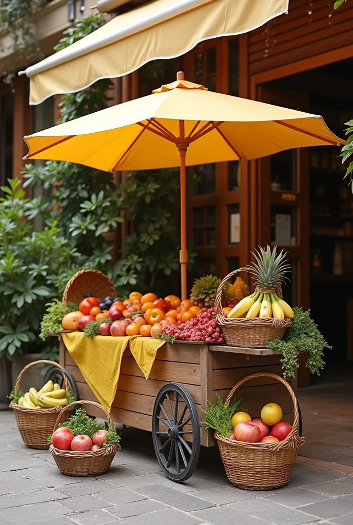 je veux une charette posé dans l'entrée aprés porting de carrefour qui contient des produits en promotion qque ca soit en frais, epicerie etc et les fruits comme le banane accroché dans les bordures de la charette comme au souk populaire, et pour la decora...