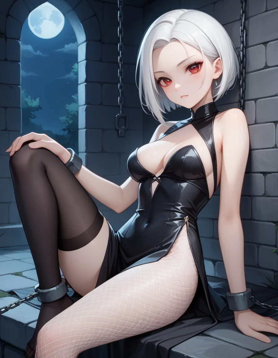 DefTif,She's a demon,  big thighs, green eyes, gray skin, ( Red eye on the forehead), knee-length silk or wool dress, ((long black thigh-length fishnet tights )), short hair, white hair, Dungeon cell, night, de night, chained, sitting