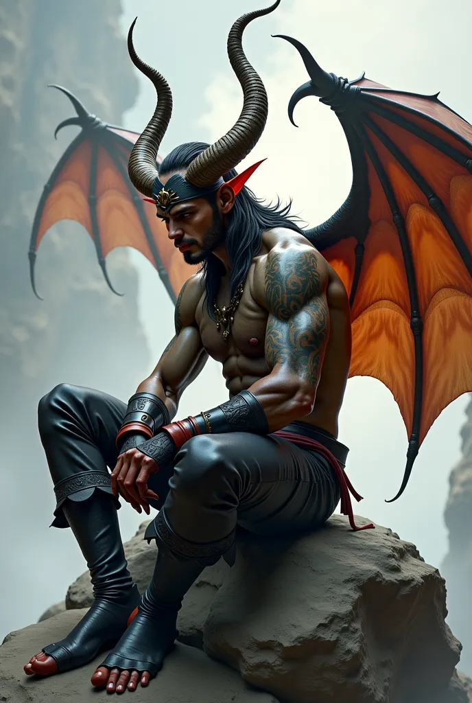 arafed male sitting on a rock with a horned head, handsome guy in demon slayer art, by Yang J, neoartcore and charlie bowater, edgar maxence and ross tran, winged boy, extremely detailed artgerm, young wan angel, artgerm and ilya kushinov, by ruan jia and ...