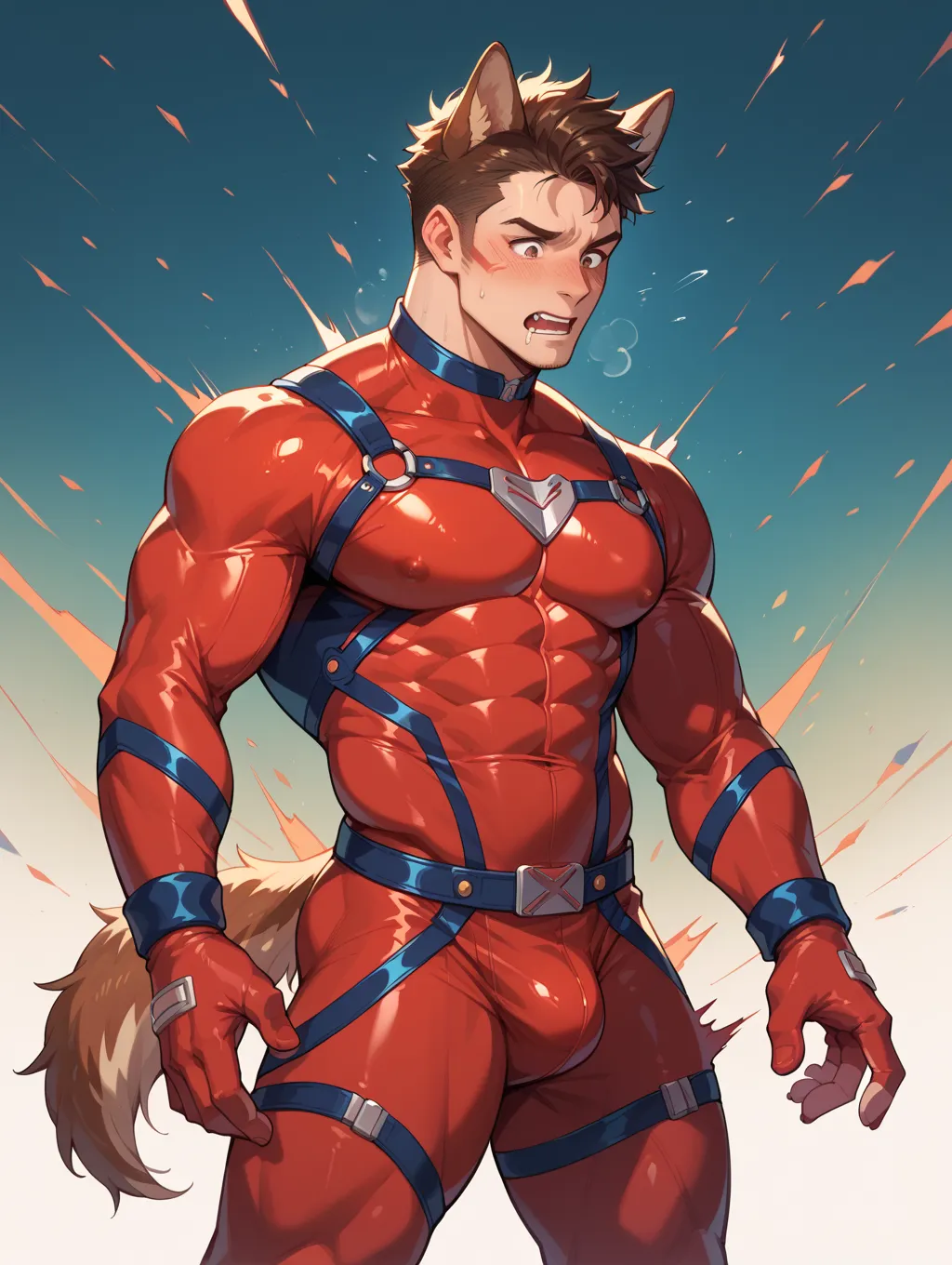 hero red　Perfect hero suit 　Dog ears and tail　The crotch is emphasized　erections　　transformation　 is coming out of the tip of my dick