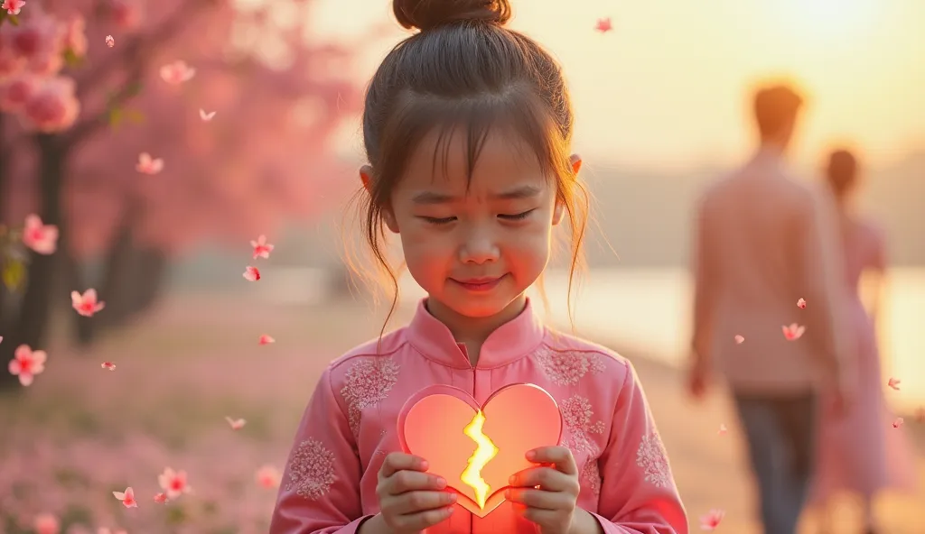 A Thai girl in a traditional pink Thai dress, crying with tears streaming down her face, holding a broken heart prop in her hands, a man in a Thai silk shirt walking away with another woman in the background, inset of a glowing wedding ring with a subtle r...