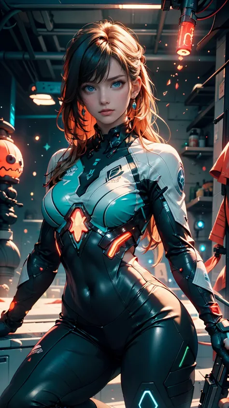 (Rough:0.5), like the movie,girl, space, Serious, Detail Eyes, detailed face,  Futuristic Clothes with Attention to Details, Light in clothes, (Aiming Gun :1.1), (hiding:1.1), ( squats , looking to the side:1.1), volumetric lighting, separation,  horror, d...