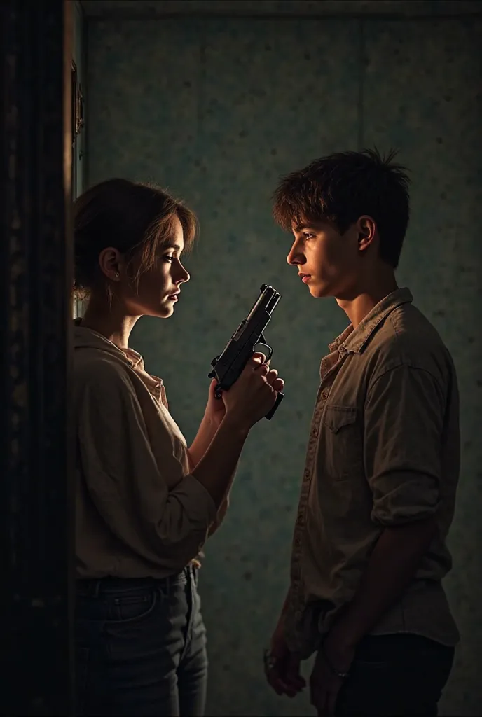 Young woman pointing a gun at the love of her life who is an 18-year-old 