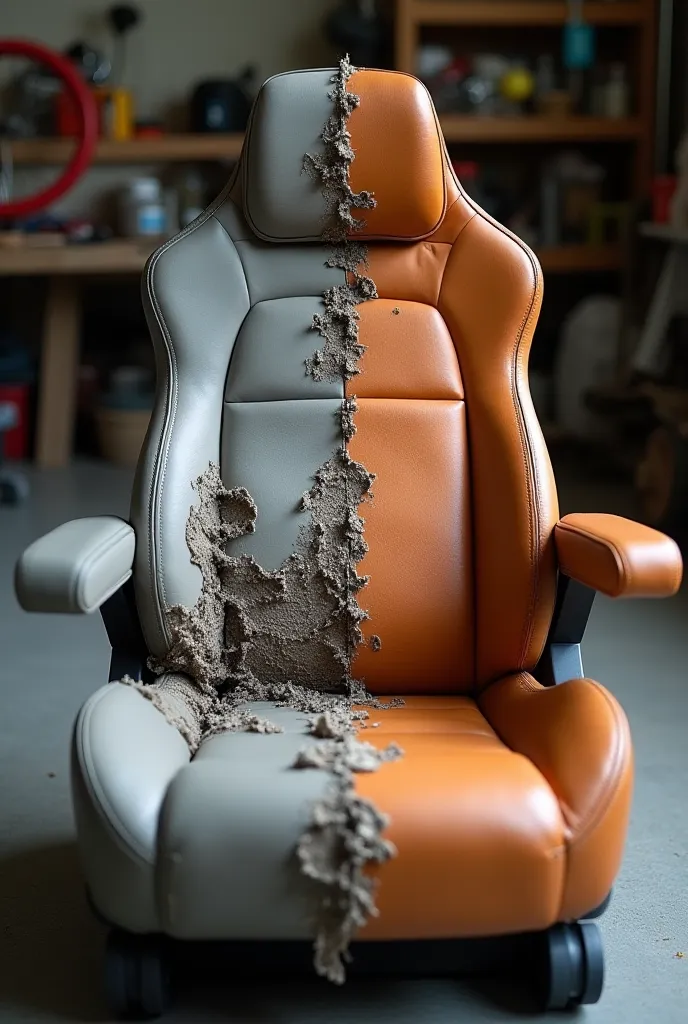 Image of Divided Automotive Armchair, left side gray upholstery, damaged with the rubber coming out and worn. On the right side, the restored armchair with caramel-colored upholstery is like new.