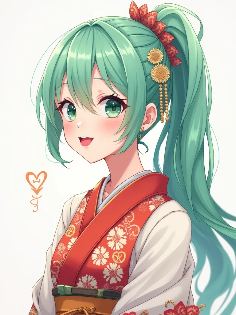 Mint-colored hair, long ponytail, red and white kimono dress, Japanese-style hair ornament, beautiful illustration, eyes sticking out pink tongue and smiling