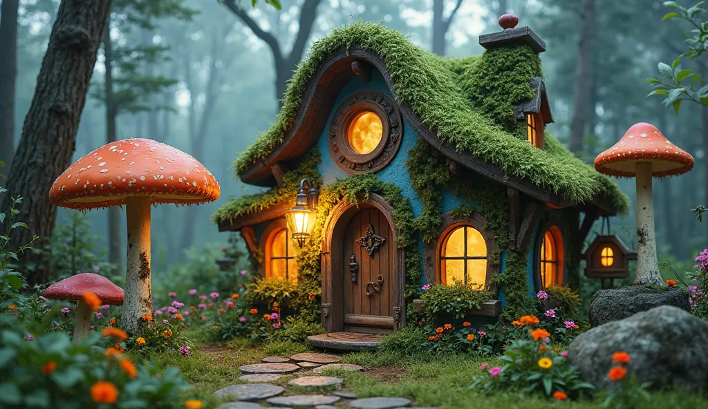 A charming and magical house set in a mystical forest. The house has a fairytale design, with a wavy, organic moss-covered roof, grass and small colorful flowers. The windows are round and emit a warm and welcoming light, creating a magical environment. Th...