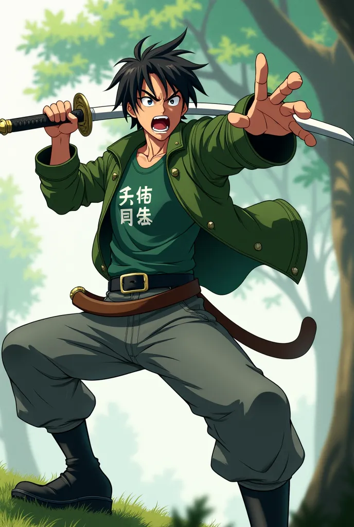  Anime style, 2d anime guy with dark hair and grey eyes, wearing a green bologna jacket, green t-shirt with 4 Chinese letters from top to bottom,  grey pants, brown belt, black boots, he's standing in a fighting pose and holding a sword, swings his sword f...