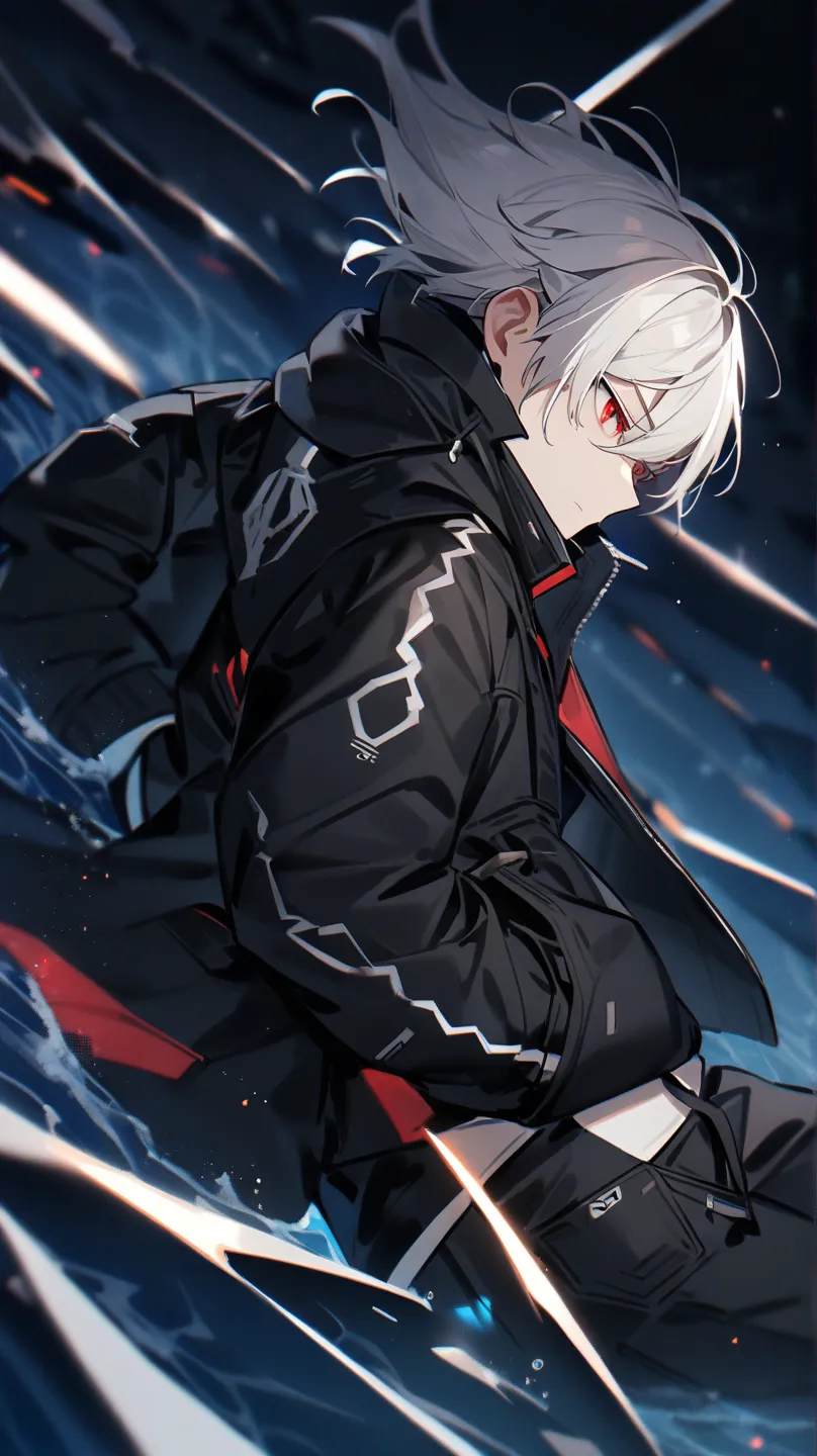 1 boy, 18 years old, long white hair, futuristic punk like clothes, red eyes, deep ocean depths scenario, laying, hands on pockets of the jacket, neutral face, night deep ocean