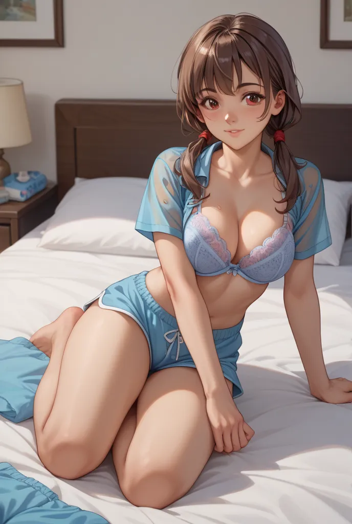 Japanese、40s、Married Woman、woman、slightly brown hair、low ponytails、 has bangs、dark blue pajamas、Short sleeve、shorts、Changing clothes、See-through bra、 bed、I'm shy、My face is turning red、full body