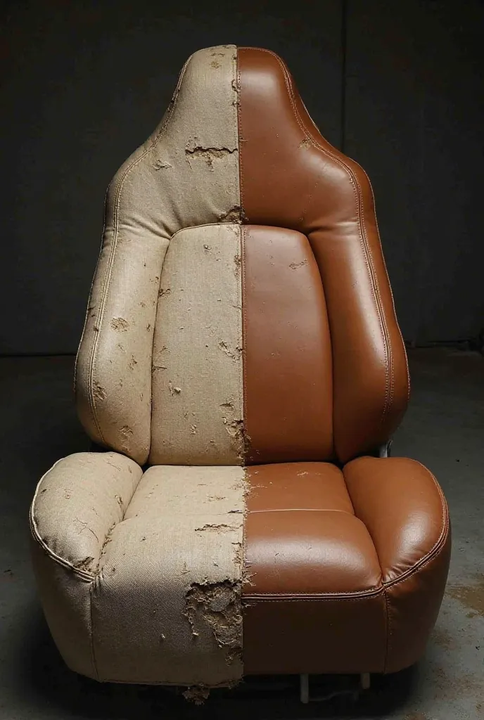 Divided automotive seat image, left side beige upholstery, damaged with the rubber coming out and worn. On the right side, the restored armchair with tobacco-colored upholstery is like new.