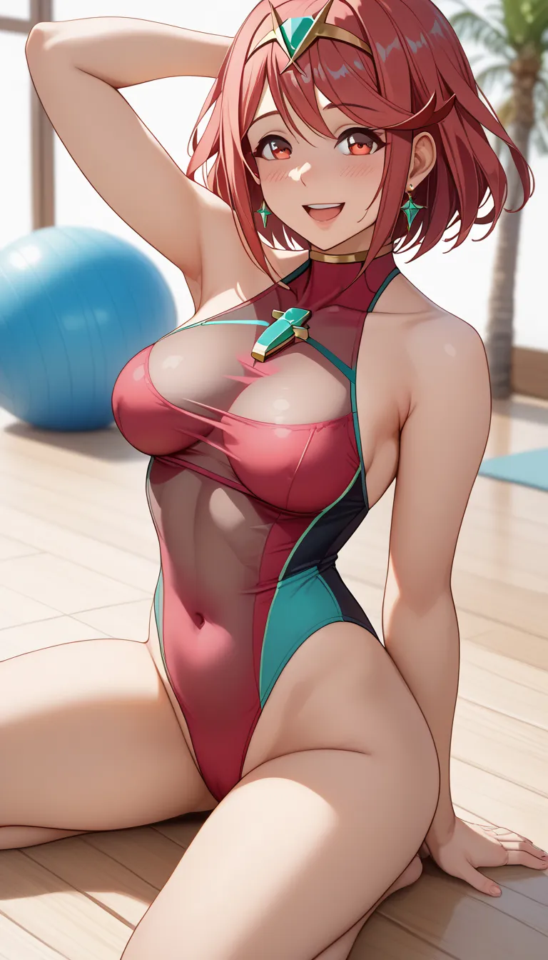 score_9, score_8_up, score_7_up,  source_Anime top quality、8k、 masterpiece、ultra high definition、 natural light、perfect anatomy、 perfect eyes、beautiful eyes、 Highlights、One Woman、medium breasts、saggy breasts、Pyra 、(is embarrassing:1.3、 happy)、 See Through ...